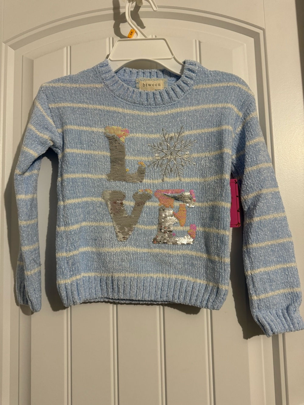 Cute Btween girls size 4 blue white stripe embroidered flip sequin sweater new